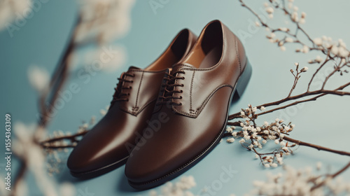 Brown Leather Dress Shoes with Floral Accent on Blue Background