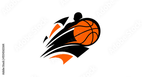  Convey the excitement of basketball, with abstract shapes suggesting movement and competition, using bold oranges and blacks