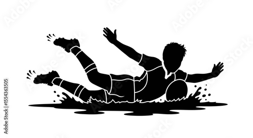  Junior rugby player belly slides in the mud