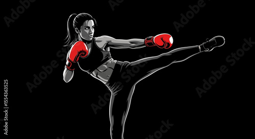  Kickboxing woman in activewear and red kickboxing gloves on black background performing a martial arts kick