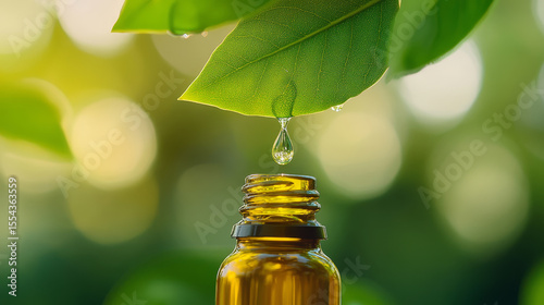 Fresh green leaf with water droplet falling into glass bottle.
