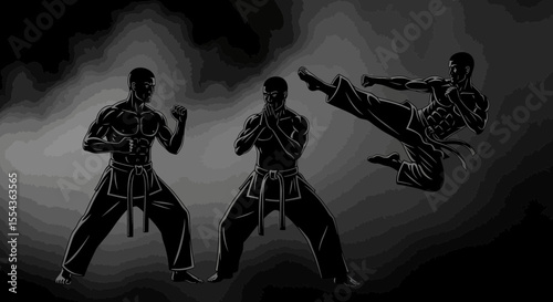 Martial arts masters on dark smoke background