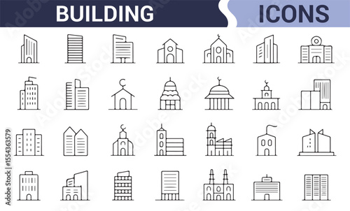 Set of Building Icons for Real Estate, Architecture, and Urban Planning
