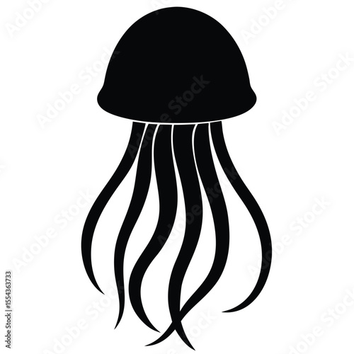 Crisp Black Silhouette of a Jellyfish with Flowing Tentacles, Vector Illustration