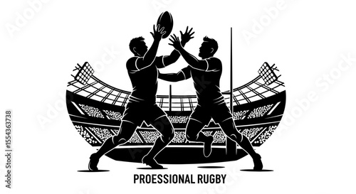 Rugby players fight for the ball on professional rugby stadium