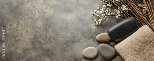 Minimalist spa stones and bamboo accessories on a white surface.