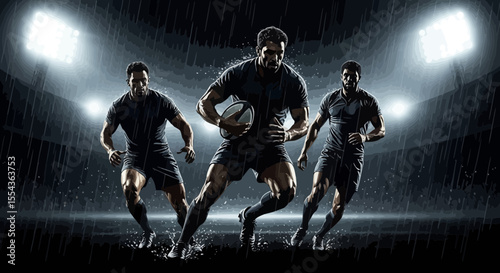 Rugby sportsman players with ball in action on stadium under lights