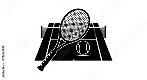 Tennis racquet on a court with tennis ball