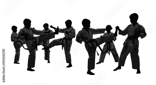 The studio shot of group of kids training karate martial arts