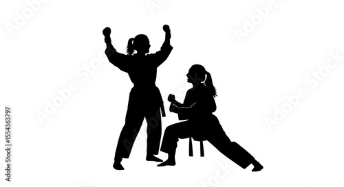 Two girls celebrating sports and demonstrating martial art of taekwondo