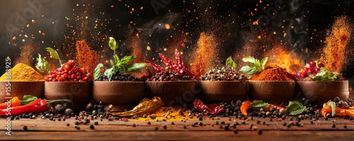 Explosive Mix of Colorful Spices on Rustic Wooden Table