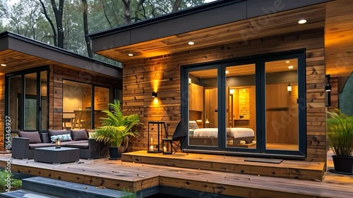 Modern wooden house with large windows, deck, and outdoor seating area in a lush forest setting.