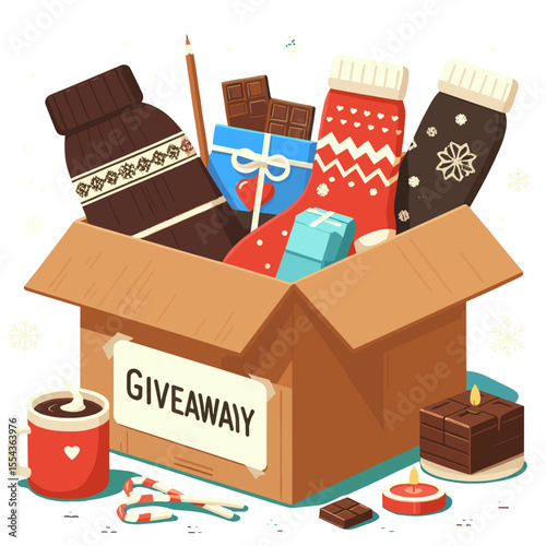 Holiday giveaway box with winter clothes and gifts illustration