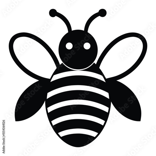 Cute black bee stencil icon with striped body and transparent wings