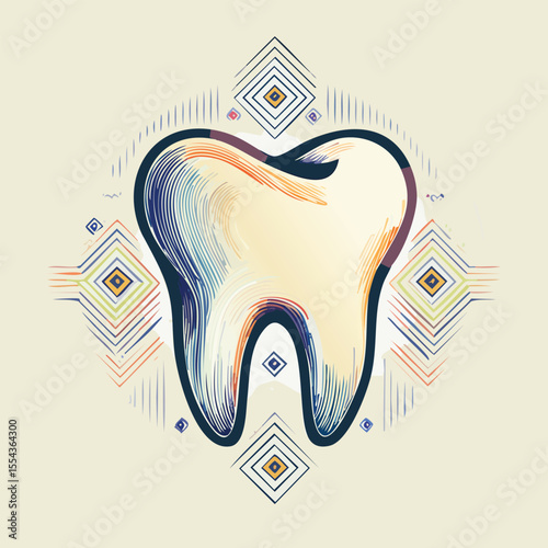 Artistic illustration of a tooth with colorful brushstrokes and geometric background elements.