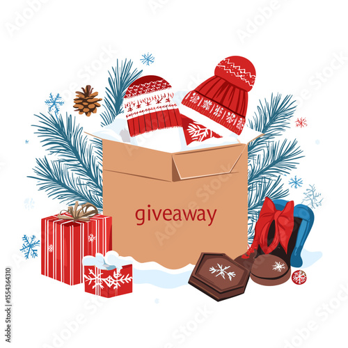 Holiday giveaway box with winter hats and festive gifts