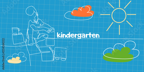 Kindergarten greeting text with a boy plays with blocks. Vector single line illustration of a child plays with blocks on a notebook background
