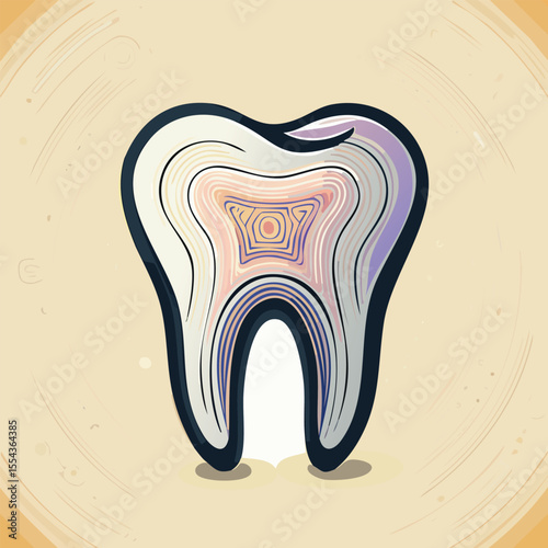 Artistic illustration of a tooth's internal structure, showcasing layers and details for dental education.
