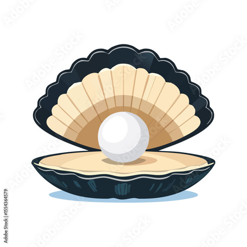 Open Clam Shell with Pearl Vector Illustration in Flat Colors and Bold Black Outlines Style