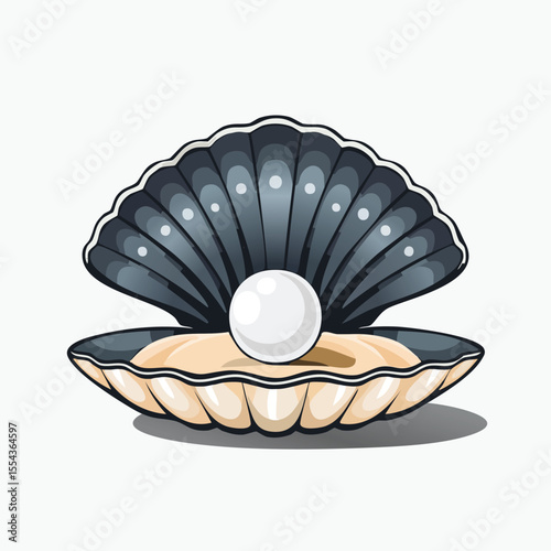 Open Clam Shell with Pearl Vector Illustration in Flat Colors and Bold Black Outlines Style