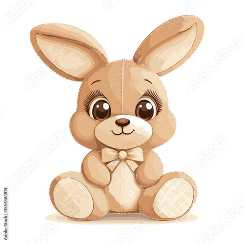 Cute plush bunny toy with bow tie on white background