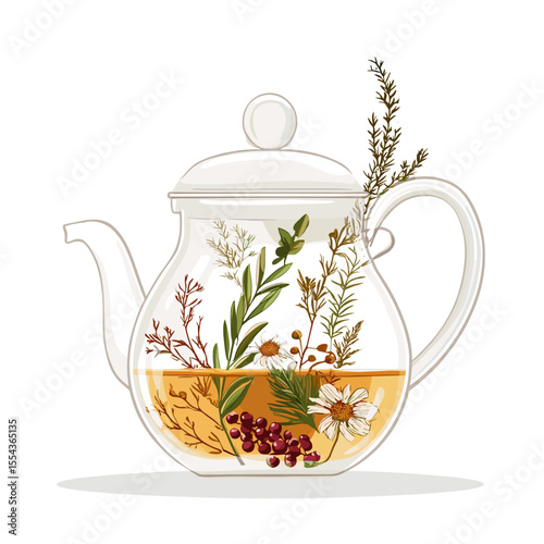 Glass teapot with herbal infusion in botanical illustration style