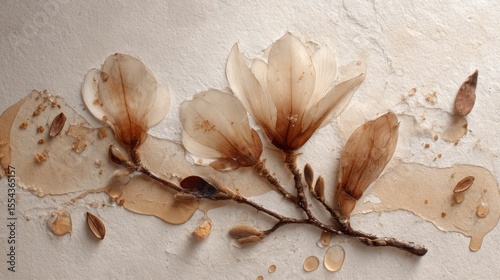 Pressed botanical elements with magnolia petals suspended in translucent serum on matte beige background, earthy tones for website design and social media branding. 