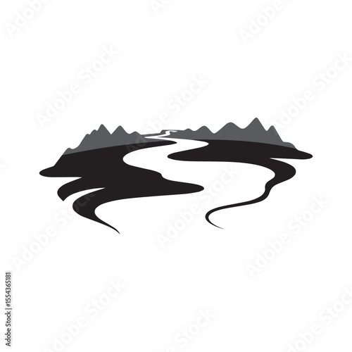 Logos of rivers, creeks, riverbanks and streams. River logo with combination of mountains and farmland with concept design vector illustration template