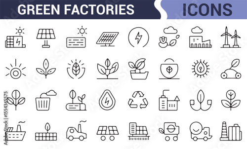 Set of renewable energy icons for green factories focusing on sustainability and clean power.