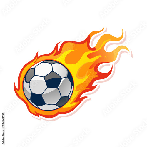 Fiery soccer ball blazing through the air. Intensity, speed, and energy. Vector illustration on white background. Sports promotions, dynamic ads, match posters, competitive football-themed designs.