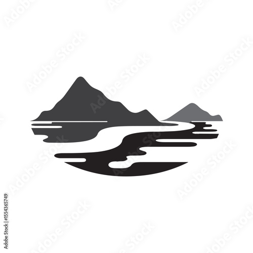 Logos of rivers, creeks, riverbanks and streams. River logo with combination of mountains and farmland with concept design vector illustration template
