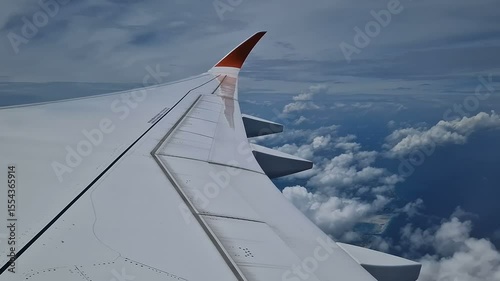 The view from the window of an air plane of clouds and blue sunny sky.