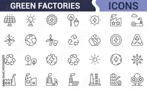Industrial sustainability vector icons highlighting eco-conscious practices in manufacturing.