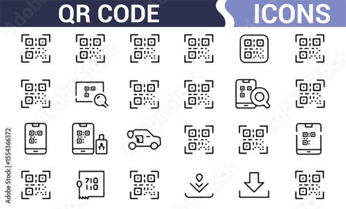 Icon set showcasing QR codes for data encryption, scanning, and electronic transactions.
