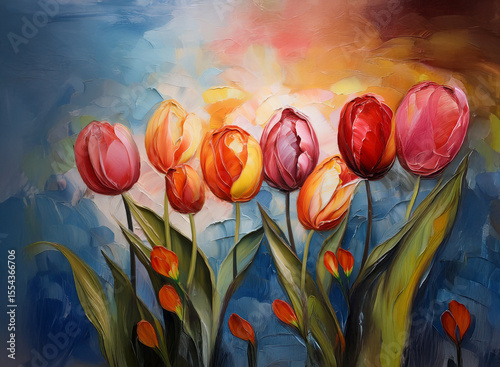 Vibrant tulips in warm hues against a dynamic, abstract background.  The painting showcases bold brushstrokes and a sense of movement.