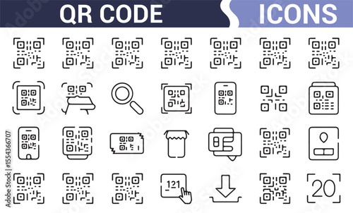 Set of scannable QR code vector symbols for modern technology applications and services.