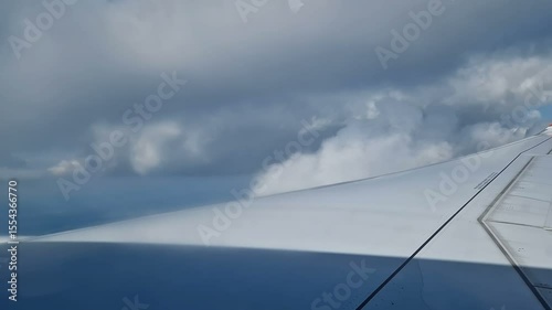 The view from the window of an air plane of clouds and blue sunny sky.