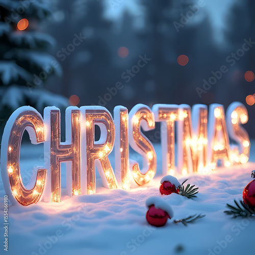 Festive 3D Christmas Letters in Glass Style with Snow Decor

