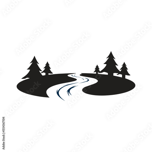 Logos of rivers, creeks, riverbanks and streams. River logo with combination of mountains and farmland with concept design vector illustration template