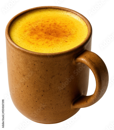 Earthenware mug of turmeric chai latte with a sprinkle of ground turmeric on top.