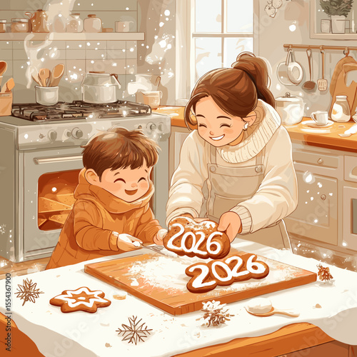 Mother and child baking 2026 cookies in cozy holiday kitchen