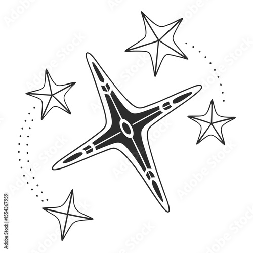 Black and white illustration of sparkling starbursts and twinkling light elements, perfect for holiday designs, night sky themes, or decorative accents.