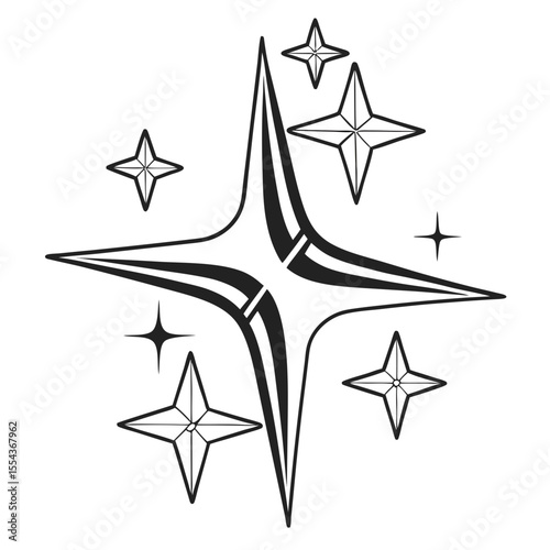Black and white illustration of sparkling starbursts and twinkling light elements, perfect for holiday designs, night sky themes, or decorative accents.