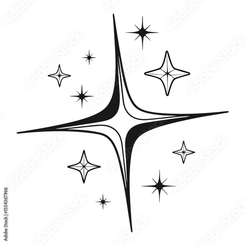 Black and white illustration of sparkling starbursts and twinkling light elements, perfect for holiday designs, night sky themes, or decorative accents.