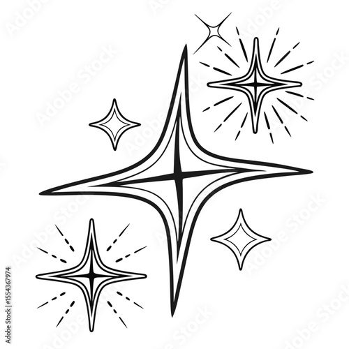 Black and white illustration of sparkling starbursts and twinkling light elements, perfect for holiday designs, night sky themes, or decorative accents.