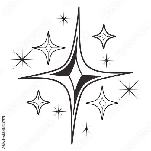 Black and white illustration of sparkling starbursts and twinkling light elements, perfect for holiday designs, night sky themes, or decorative accents.