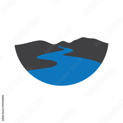 Logos of rivers, creeks, riverbanks and streams. River logo with combination of mountains and farmland with concept design vector illustration template