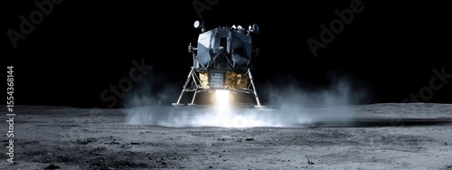 lunar lander making contact with the Moon dusty surface, landing legs touching down and kicking up a cloud of  dust. banner 