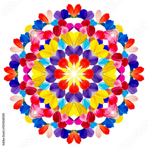 a symmetrical mandala pattern made entirely from colorful flower petals