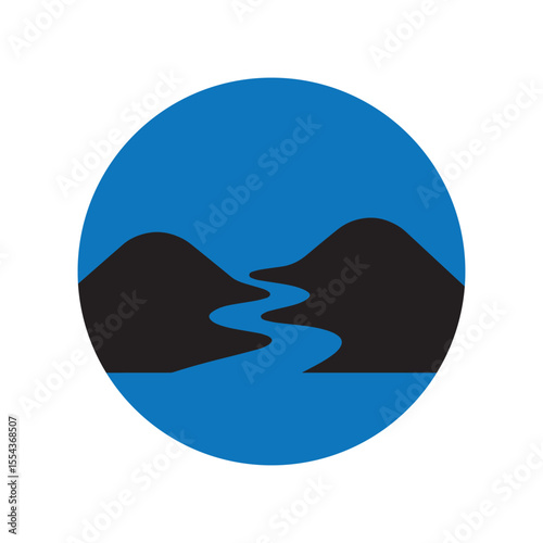 Logos of rivers, creeks, riverbanks and streams. River logo with combination of mountains and farmland with concept design vector illustration template